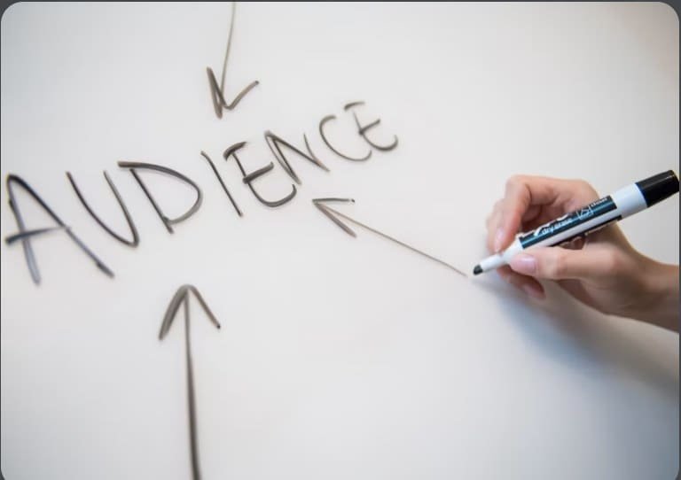 A hand drawing arrows around the word AUDIENCE on a whiteboard